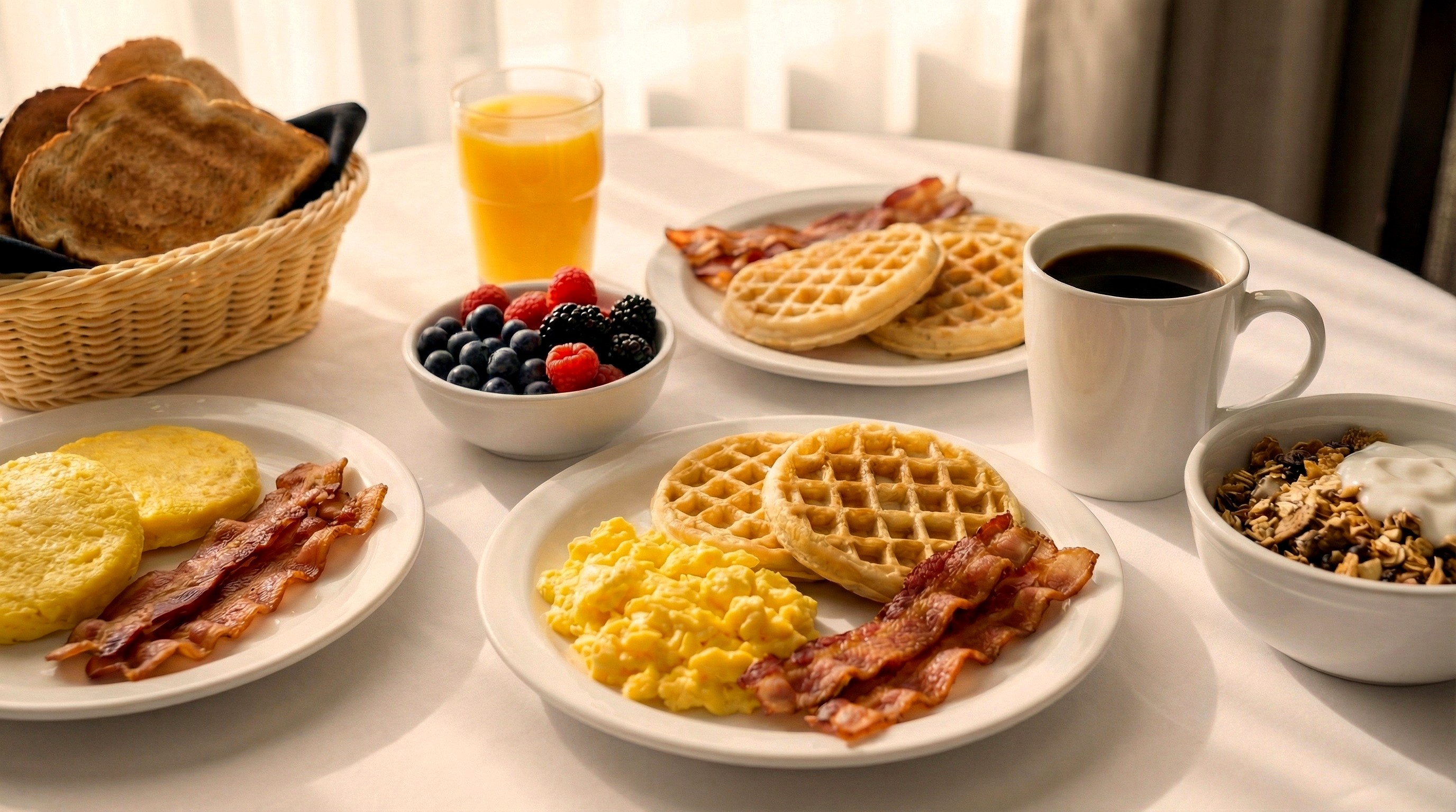 Chef Mercedes' breakfast buffet — waffles, bacon, fresh fruit
